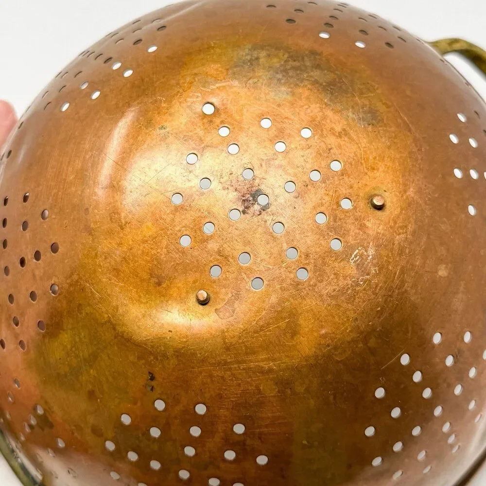 Vintage Copper Colander Brass Handles Farmhouse Kitchen Strainer Bowl Rustic